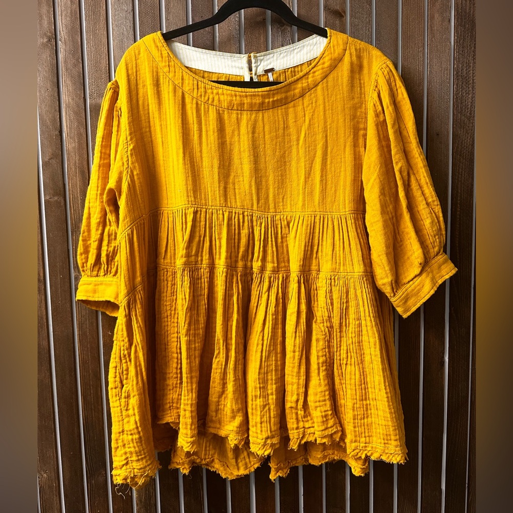 FREE PEOPLE | flowy boho mustard yellow blouse top 1/2 sleeve 100% cotton - XS